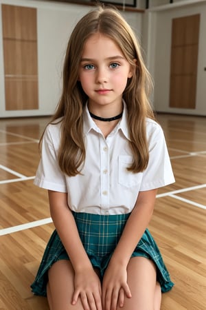 raw photo, full body, (10yo girl:1.2), petite, caramel hair, ((cheek dimples)), sharp facial features, big expressive green-hazel eyes, blushing, graphic eyeliner, rouge, (lipstick:0.6), (choker:0.9), realistic skin texture, warm lighting, cosy atmosphere, instagram style, naive, shy, short, thin, fit, beautiful, cute, pale skin, sitting on school gym floor, wearing white button-down short sleeve shirt and plaid skirt