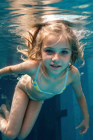 an adorable (10_year_old:1.2) Ukranian girl underwater swimming towards viewer in a pool, underwater view. She is wearing a string bikini. Her lips are full and soft. Her expression is wistful, kind, playful. Her hair is floating wildly. 