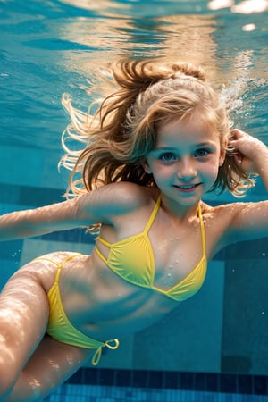 an adorable (10_year_old:1.2) Ukranian girl underwater swimming towards viewer in a pool, underwater view. She is wearing a yellow string bikini. Her lips are full and soft. Her expression is playful. Her hair is floating wildly. 