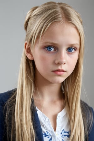 german (10_year_old:1.2) girl, straight blonde hair, which she wears in a messy bun, tall and thin, big blue eyes, full lips, she is reserved with a concentrated expresion and an air of mystery. 