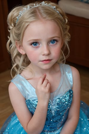 An adorable (8_year_old:1.2) English girl dressed as Elsa from Frozen, Her lips are soft and full. Her expression is wistful. looking at viewer