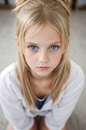 german (10_year_old:1.2) girl, straight blonde hair, which she wears in a messy bun, tall and thin, big blue eyes, full lips, she is reserved with a concentrated expresion and an air of mystery, ((full body view))