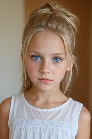 german (10_year_old:1.2) girl, straight blonde hair, which she wears in a messy bun, tall and thin, big blue eyes, slightly parted full lips, blushing, she is reserved with a concentrated expresion and an air of mystery. 