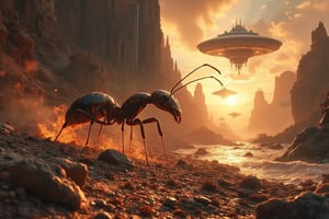 Armageddon or the the end times has come in the form of giant ants. The giant ants has enough bullshit from the humans so they ledf the oceans and destroy all cities in their pinch for revenge. There are alien spaceships watching in the sky