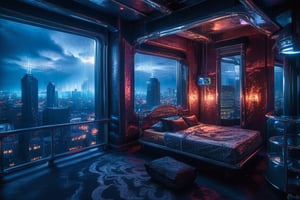 sky, indoors, pillow, no humans, window, bed, night, building, night sky, scenery, city, railing, cityscape, skyscraper, city lights, balcony, cyberpunkstyle, luxurious and dreamy interior, sky full of stars , a sci-fi spaceship in the distance