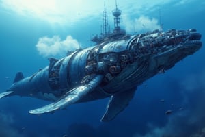 Imagine a colossal blue whale powered by intricate gears and machinery. Its body, a blend of organic and mechanical elements, is covered in metallic plates interwoven with large, visible gears and pistons that move rhythmically with each breath. The whale's eyes are mechanical, glowing softly with an otherworldly light. Steam occasionally hisses from vents along its sides, and its fins are reinforced with metal, resembling the wings of a steampunk airship. This majestic, gear-driven blue whale glides effortlessly through the water, a stunning fusion of nature and steampunk engineering.,Mechanical