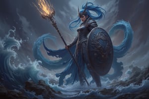 8K UHD digital painting, Gonggong, the paladin goddess, stands victorious amidst turbulent waters. Dark iron and scale armor glisten in a dimly lit, misty atmosphere. Her dragon-adorned helmet and breastplate, etched with tidal waves and serpents, reflect her dominion over oceans and rivers. A massive trident crackles with deep energy, while a shield emblazoned with roaring sea waves glows. Gonggong's dynamic pose captures her summoning a mighty tidal wave, with blue hair flowing like water behind her. The divine, water-soaked ground beneath her feet seems ready to unleash her full fury upon the battlefield.