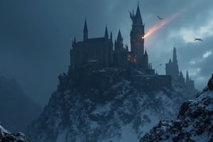 a huge mysteriously structured castle made of cement in the side on a mountain in the snow, dark gloomy night. The castle has a fantastic appearance。there are dragons flying in the sky and sprying fire.