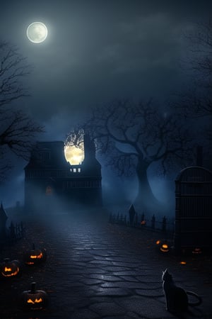 A dark, eerie Halloween scene at night, with a full moon casting a pale glow over a foggy graveyard. The foreground features a rusted iron gate, partially open, leading to a path lined with twisted, leafless trees. In the background, a haunted mansion looms, its windows flickering with ghostly light. A solitary black cat sits on a tombstone, its eyes glowing yellow. The atmosphere is moody and foreboding, with deep shadows and a sense of impending dread.