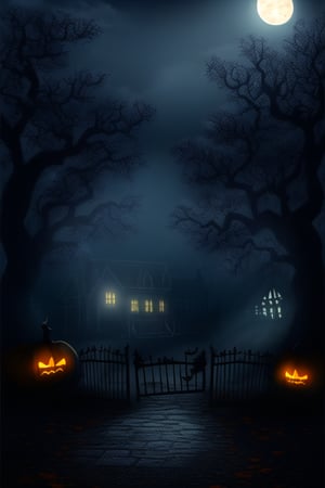 A dark, eerie Halloween scene at night, with a full moon casting a pale glow over a foggy graveyard. The foreground features a rusted iron gate, partially open, leading to a path lined with twisted, leafless trees. In the background, a haunted mansion looms, its windows flickering with ghostly light. A solitary black cat sits on a tombstone, its eyes glowing yellow. The atmosphere is moody and foreboding, with deep shadows and a sense of impending dread.