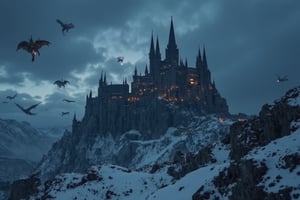 a huge mysteriously structured castle made of cement in the side on a mountain in the snow, dark gloomy night. The castle has a fantastic appearance。Several dragons are flying in the sky and sprying fire.