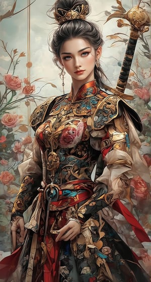 Score_9, score_8_up, score_7_up, retro-modern oil paintings, bold brushstrokes, bright colors. An ancient female general from the ancient Han Dynasty stands proudly, wearing ancient armor and holding a powerful ancient Han sword. Thick, expressive lines outline her delicate features, shadows dance across her face. Splashes of ink pastels bloom around her like wildflowers, echoing the dynamic energy of her poses. Pen tip splashes add whimsical texture, subtle ink smears hint at the general's ferocious determination. Free and confident style, truly reflecting the fearless general. Movie special effects style, add Neo-Rococo style art for added effect.,Glass