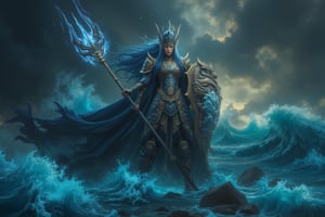 8K UHD digital painting, Gonggong, the paladin goddess, stands victorious amidst turbulent waters. Dark iron and scale armor glisten in a dimly lit, misty atmosphere. Her dragon-adorned helmet and breastplate, etched with tidal waves and serpents, reflect her dominion over oceans and rivers. A massive trident crackles with deep energy, while a shield emblazoned with roaring sea waves glows. Gonggong's dynamic pose captures her summoning a mighty tidal wave, with blue hair flowing like water behind her. The divine, water-soaked ground beneath her feet seems ready to unleash her full fury upon the battlefield.