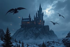 a huge mysteriously structured castle made of cement in the side on a mountain in the snow, dark gloomy night. The castle has a fantastic appearance。Several dragons are flying in the sky and sprying fire.