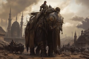 Ankovat, Campuchia, city at day, sunny, haze, war elephant , armor, walking