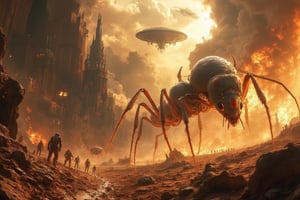 Armageddon or the the end times has come in the form of giant ants. The giant ants has enough bullshit from the humans so they ledf the oceans and destroy all cities in their pinch for revenge. There are alien spaceships watching in the sky