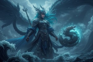 8K UHD digital painting, Gonggong, the paladin goddess, stands victorious amidst turbulent waters. Dark iron and scale armor glisten in a dimly lit, misty atmosphere. Her dragon-adorned helmet and breastplate, etched with tidal waves and serpents, reflect her dominion over oceans and rivers. A massive trident crackles with deep energy, while a shield emblazoned with roaring sea waves glows. Gonggong's dynamic pose captures her summoning a mighty tidal wave, with blue hair flowing like water behind her. The divine, water-soaked ground beneath her feet seems ready to unleash her full fury upon the battlefield.