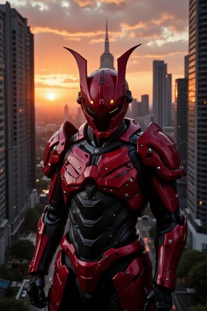 Dramatic dusk settles over the cityscape, casting warm orange hues across towering skyscrapers. A crimson-clad samurai stands resolute, mechanized armor aglow with intense heroic light. Neon hues dance across their armored form, reflecting off buildings in hyper-realistic detail. The samurai's determined pose dominates the scene amidst a kaleidoscope of color and light, as long shadows stretch across the futuristic metropolis.