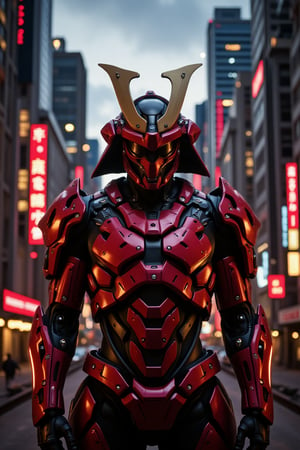 In a breathtaking 3D Octane rendering, a crimson-armored samurai stands firm against the vibrant backdrop of a futuristic cityscape at dusk. Warm golden light casts long shadows as the mechanized armor glows with an intense heroic radiance. Neon lights on towering skyscrapers reflect off the armored form in hyper-realistic detail, showcasing textures so precise they appear tactile. The determined samurai pose commands attention amidst a kaleidoscope of color and light, where city streets meet the crimson-clad warrior's unwavering resolve.