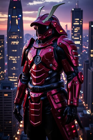 A majestic cityscape at dusk, with crimson-clad samurai standing tall amidst neon-lit skyscrapers. Mechanized armor glows heroically, reflected in hyper-realistic detail off gleaming steel and glass towers. The samurai's determined stance commands attention, framed by long shadows cast by the setting sun. Neon hues dance across their armored form, a kaleidoscope of color and light against the futuristic metropolis' towering structures.