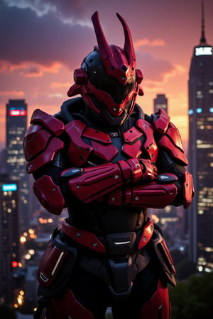 Dramatic dusk settles over the cityscape, casting warm hues on the crimson-clad samurai standing resolute in front of a backdrop of neon-lit skyscrapers. Mechanized armor glows with an intense heroic light, reflecting off glassy surfaces in hyper-realistic detail. The samurai's determined pose, arms crossed and eyes fixed forward, dominates the scene amidst a kaleidoscope of color and light. Sunset warmth casts long shadows against towering structures, creating depth and dimension.