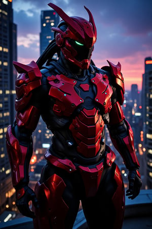 A dramatic dusk settles over the cityscape as a crimson-clad samurai stands resolute in a powerful stance, mechanized armor aglow with intense heroic lighting that highlights its intricate details. Neon hues dance across their armored form, reflecting off skyscrapers in hyper-realistic detail like a tangible aura. The samurai's determined pose dominates the scene amidst a kaleidoscope of color and light, where sunset's warmth casts long shadows against the futuristic metropolis' towering structures, with the city's vibrant energy pulsing in harmony with the samurai's unwavering resolve.