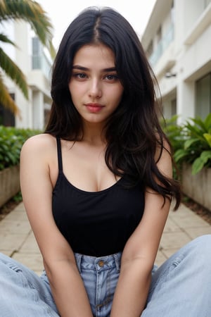 lovely cute young attractive indian girl, blue eyes, gorgeous actress, 23 years old, cute, an Instagram model, long hair, black hair, Indian, wearing black top,jeans, bangles ear , close up face shot