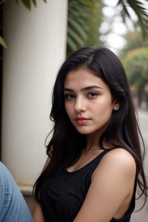 lovely cute young attractive indian girl, blue eyes, gorgeous actress, 23 years old, cute, an Instagram model, long hair, black hair, Indian, wearing black top,jeans, bangles ear , close up face shot