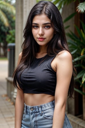 lovely cute young attractive indian girl, blue eyes, gorgeous actress, 23 years old, cute, an Instagram model, long hair, black hair, Indian, wearing black top,jeans, bangles ear , close up face shot