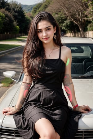 beautiful cute young attractive teenage girl , 18 years old, cute,  Instagram model, long black, colorful hair, warm, out side road   on sit car  beautyfull dress short 