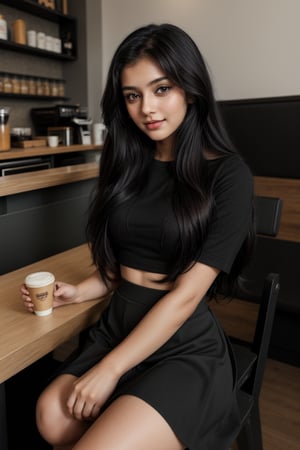 Lovely cute young attractive indian  girl, 21 years old, cute model, long black_hair, black  hair, They are wearing a  black skirt and top, and she is sitting in coffee shop, 