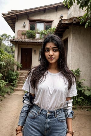 beautiful cute young attractive indian teenage girl,
village girl, 18 years old, cute, Instagram model, long
black_hair tied,  colorful hair, cold , full white tshirt and blue jeans at house in jungle, stamding infront of house lokking at the camera .  Wide angle shot. Tje girl and house both are visible,photorealistic