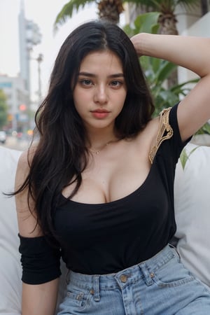 lovely cute young attractive indian girl, blue eyes, gorgeous actress, 23 years old, cute, an Instagram model, long hair, black hair, Indian, wearing black top,jeans, bangles ear , close up face shot