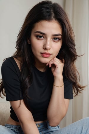 lovely cute young attractive indian girl, blue eyes, gorgeous actress, 23 years old, cute, an Instagram model, long hair, black hair, Indian, wearing black top,jeans, bangles ear , close up face shot