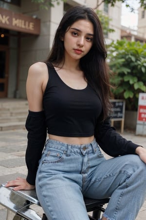 lovely cute young attractive indian girl, blue eyes, gorgeous actress, 23 years old, cute, an Instagram model, long hair, black hair, Indian, wearing black top,jeans, bangles ear , riding a bike . 