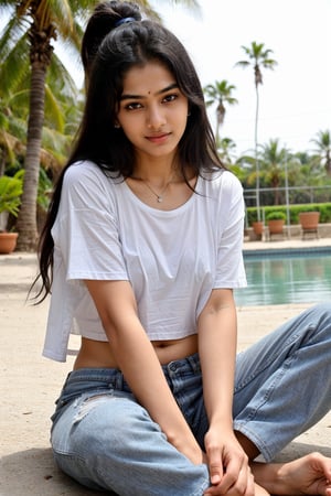 Beautiful cute young attractive Indian teenage girl Village girl 18 years old cute Instagram modal long black hair, colourful hair, warm , dancing, sitting in mall indian wearing white t shirt blue grey colour pant.