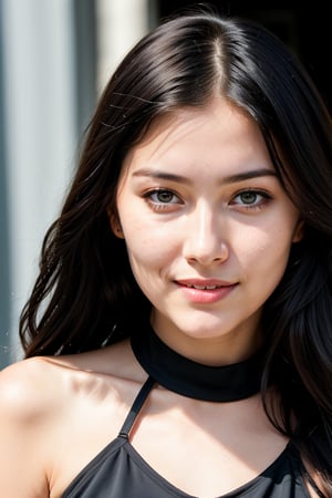 RAW photo, face portrait photo of beautiful 26 y.o woman, cute face, wearing black dress, happy face, hard shadows, cinematic shot, dramatic lighting
