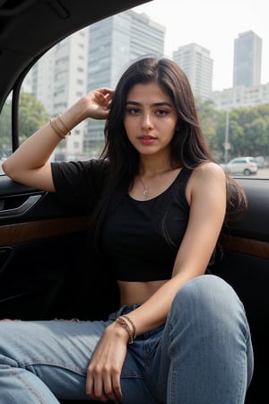 lovely cute young attractive indian girl, blue eyes, gorgeous actress, 23 years old, cute, an Instagram model, long hair, black hair, Indian, wearing black top,jeans, bangles ear , driving a car, serious look