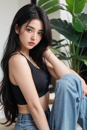 lovely cute young attractive indian girl, blue eyes, gorgeous actress, 23 years old, cute, an Instagram model, long hair, black hair, Indian, wearing black top,jeans, bangles ear , close up face shot