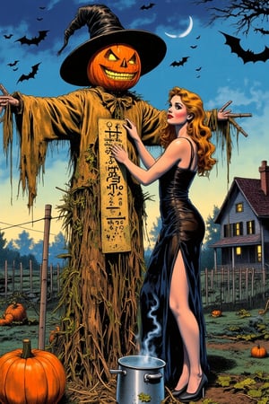 a beautiful woman sets a pumpkin head on a scarecrow made of straw and burlap standing in the garden, a runic sign in the form of a pictogram hangs on the scarecrow's body, a witch's hat is on the pumpkin, a blonde woman, long hair, dressed in a black translucent short dress with a large slit, an iron pot with steaming magical water stands next to it to revive the effigy, the background is rural a vegetable garden, a fence made of poles, pumpkins in the field, bats flying around, an old house in the distance, evening, lights lit up.