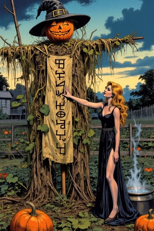 a beautiful woman sets up a scarecrow made of straw and burlap with a pumpkin head in the middle of the garden, a runic sign in the form of a pictogram hangs on the scarecrow's body, a witch's hat on the pumpkin, a blonde woman, long hair, dressed in a black translucent dress with a large slit,,, an iron pot with steaming magical water stands next to it to revive the scarecrow, a rural vegetable garden background a fence made of poles, pumpkins in a field, an old house in the distance, evening, lights lit up.