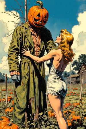 a beautiful woman sets up a scarecrow with a pumpkin head in the middle of the garden, a runic sign in the form of a pictogram on the scarecrow's body, a blonde woman, long hair, deep neckline, a large slit on her skirt, a rural vegetable garden background, a fence made of poles, pumpkins in a field, an old house in the distance.,in style of comic book,An illustration 