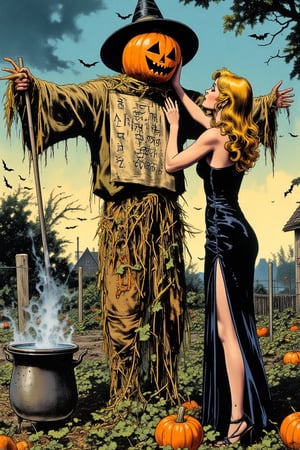 a woman lifts a pumpkin and tries to install it instead of a head on a scarecrow made of straw and burlap standing in the garden, a runic sign in the form of a pictogram hangs on the scarecrow's body, a witch's hat is on the pumpkin, a blonde woman, long hair, dressed in a black translucent short dress with a large slit, an iron pot with steaming magical water stands next to it to revive the scarecrow, background of a rural vegetable garden, a fence made of poles, pumpkins in the field, bats flying around, an old house in the distance, evening, lights lit up.