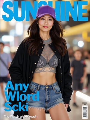 The prominent blue letters at the top of the magazine cover read 'SUNSHINE'.(RAW photo, 4k, realistic, exquisitely detailed skin),masterpiece,best quality,unity 8k wallpaper,ultra detailed,cinematic look,natural skin texture,extremely realistic skin texture,finely detailed face,(film grain:1.2),cinematic angle,Fujifilm XT3,,(highlydetailed),(bright scene)An ad for a magazine features a woman with long dark hair and a purple baseball cap. The woman is wearing a black jacket over a gray shirt and blue jean shorts.
