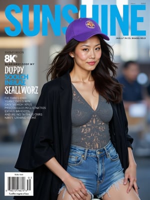 The prominent blue letters at the top of the magazine cover read 'SUNSHINE'.(RAW photo, 4k, realistic, exquisitely detailed skin),masterpiece,best quality,unity 8k wallpaper,ultra detailed,cinematic look,natural skin texture,extremely realistic skin texture,finely detailed face,(film grain:1.2),cinematic angle,Fujifilm XT3,,(highlydetailed),(bright scene)An ad for a magazine features a woman with long dark hair and a purple baseball cap. The woman is wearing a black jacket over a gray shirt and blue jean shorts.
