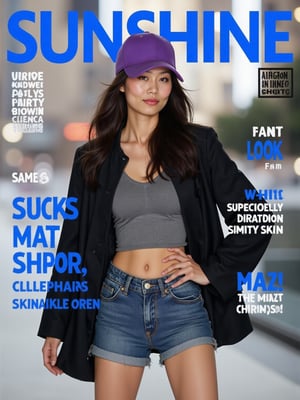 The prominent blue letters at the top of the magazine cover read 'SUNSHINE'.(RAW photo, 4k, realistic, exquisitely detailed skin),masterpiece,best quality,unity 8k wallpaper,ultra detailed,cinematic look,natural skin texture,extremely realistic skin texture,finely detailed face,(film grain:1.2),cinematic angle,Fujifilm XT3,,(highlydetailed),(bright scene)An ad for a magazine features a woman with long dark hair and a purple baseball cap. The woman is wearing a black jacket over a gray shirt and blue jean shorts.
