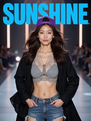 The prominent blue letters at the top of the magazine cover read 'SUNSHINE'.(RAW photo, 4k, realistic, exquisitely detailed skin),masterpiece,best quality,unity 8k wallpaper,ultra detailed,cinematic look,natural skin texture,extremely realistic skin texture,finely detailed face,(film grain:1.2),cinematic angle,Fujifilm XT3,,(highlydetailed),(bright scene)An ad for a magazine features a woman with long dark hair and a purple baseball cap. The woman is wearing a black jacket over a gray shirt and blue jean shorts.
