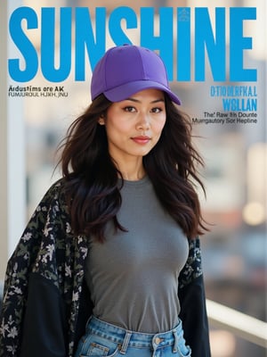 The prominent blue letters at the top of the magazine cover read 'SUNSHINE'.(RAW photo, 4k, realistic, exquisitely detailed skin),masterpiece,best quality,unity 8k wallpaper,ultra detailed,cinematic look,natural skin texture,extremely realistic skin texture,finely detailed face,(film grain:1.2),cinematic angle,Fujifilm XT3,,(highlydetailed),(bright scene)An ad for a magazine features a woman with long dark hair and a purple baseball cap. The woman is wearing a black jacket over a gray shirt and blue jean shorts.
