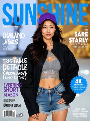 The prominent blue letters at the top of the magazine cover read 'SUNSHINE'.(RAW photo, 4k, realistic, exquisitely detailed skin),masterpiece,best quality,unity 8k wallpaper,ultra detailed,cinematic look,natural skin texture,extremely realistic skin texture,finely detailed face,(film grain:1.2),cinematic angle,Fujifilm XT3,,(highlydetailed),(bright scene)An ad for a magazine features a woman with long dark hair and a purple baseball cap. The woman is wearing a black jacket over a gray shirt and blue jean shorts.
