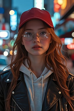 A cinematic, Extremely close-up portrait of a young woman in an urban morning setting, shot from an eye-level perspective with a slight angle to emphasize her face and upper body. She has long, red-chocolate hair in soft waves, wearing round aviator-style glasses and a red baseball cap. Her outfit consists of a  winter leather wool collar jacket over a hoodie, giving a casual streetwear vibe. The lighting is soft and diffused, casting subtle cool-toned highlights on her face and hair, with gentle shadows to contour her features. The background features a blurred bokeh effect with soft blue and white city, enhancing the urban atmosphere. The overall color mood is cool and moody, dominated by blue, gray, and silver tones, creating a calm yet mysterious and slightly futuristic aesthetic.,J4d3,Un4d,N4jku,Shrin4,Pixomeda style